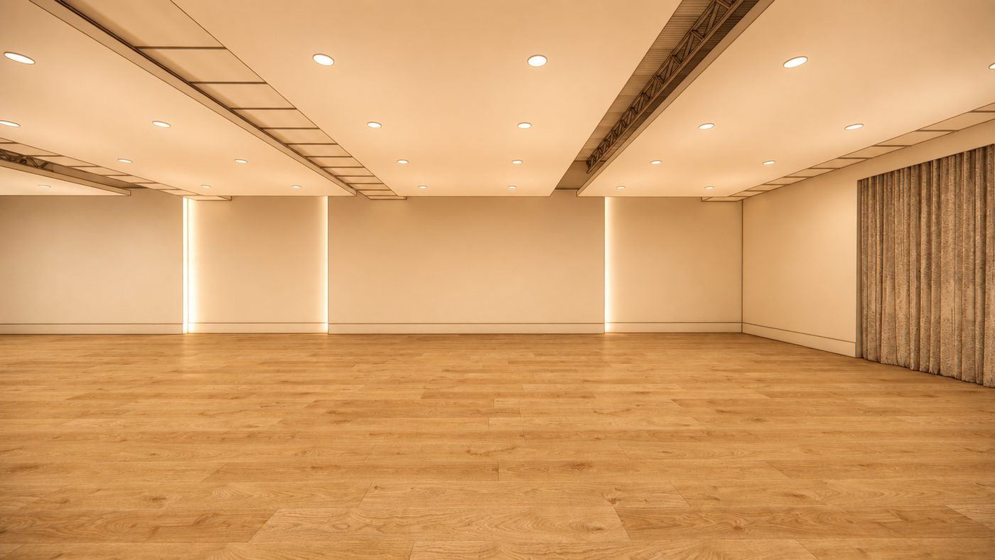 The same event floor seen from the far corner, showing the full length of the room and its windows