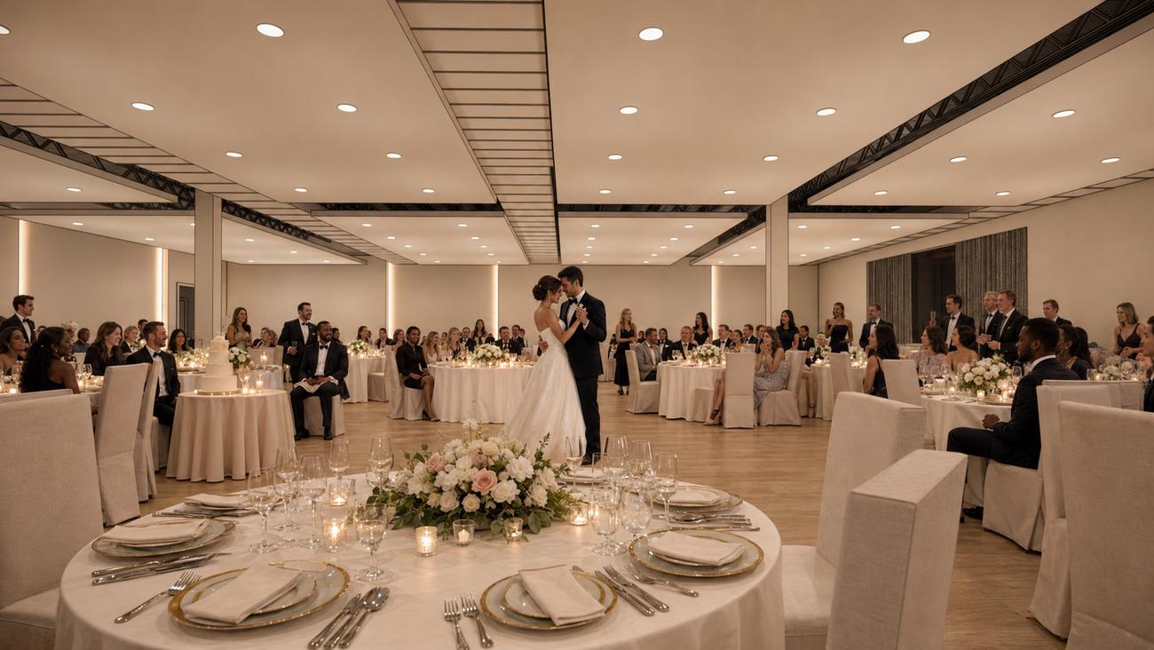 The main floor set for a wedding reception with banquet rounds, candles, and a dance area