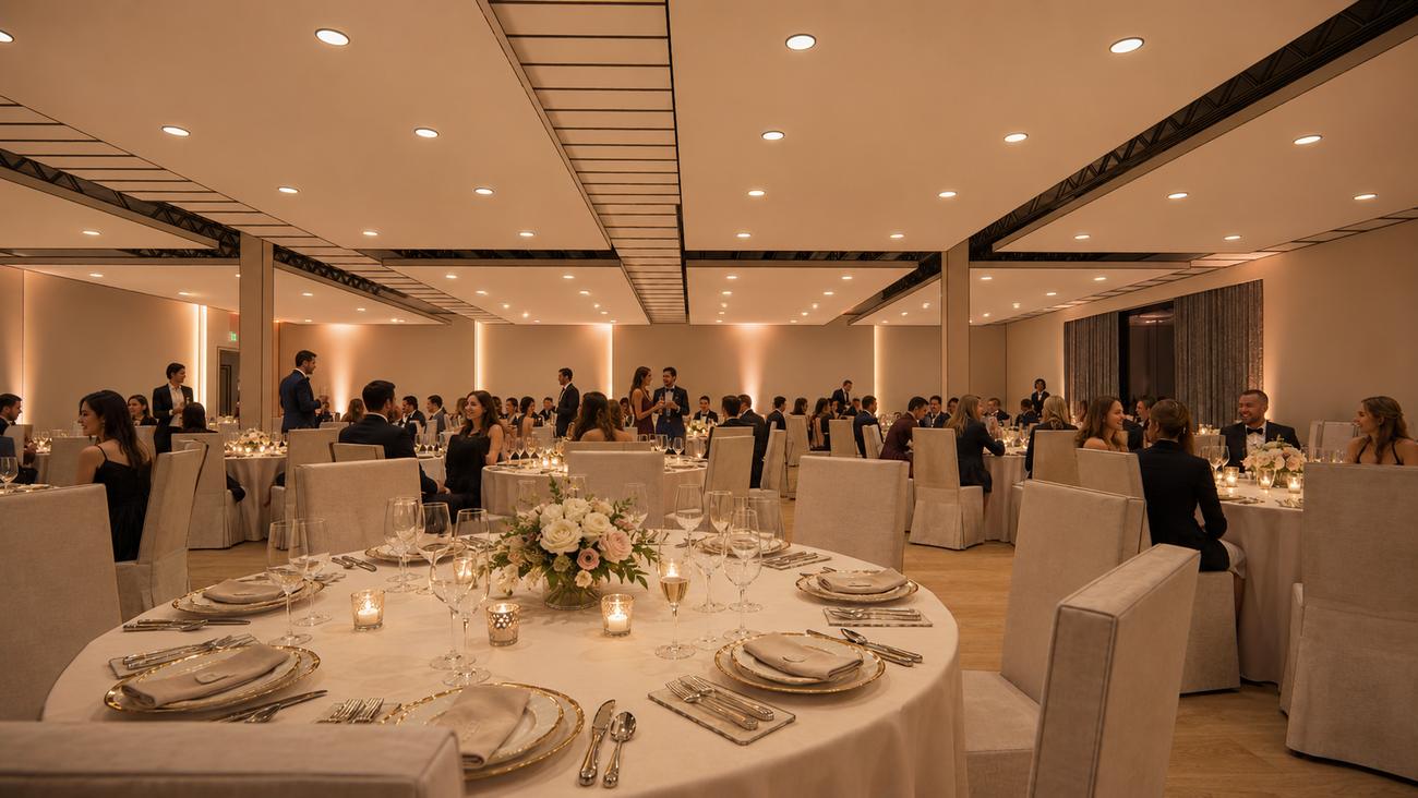 A long seated dinner set on the open floor under warm lighting