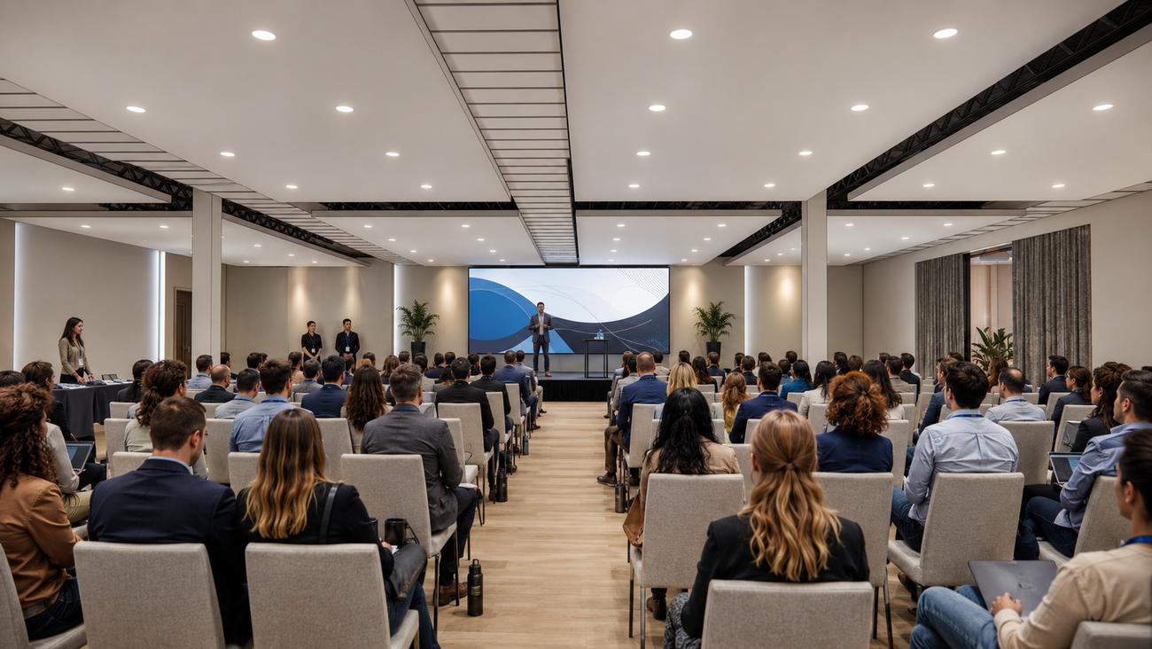 The floor set in theater rows facing a projection screen for a keynote