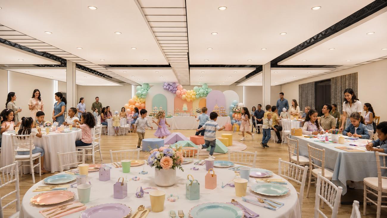The room dressed for a milestone celebration with festive table settings