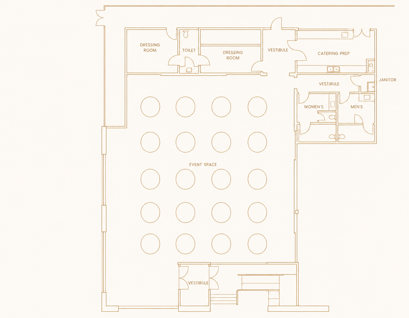 Floor plan of Deco House showing the event space set with twenty round tables in five rows of four, the two dressing rooms and toilet along the top, the catering prep, vestibules, women's and men's restrooms and janitor to the right, and the entry vestibule with stair at the bottom