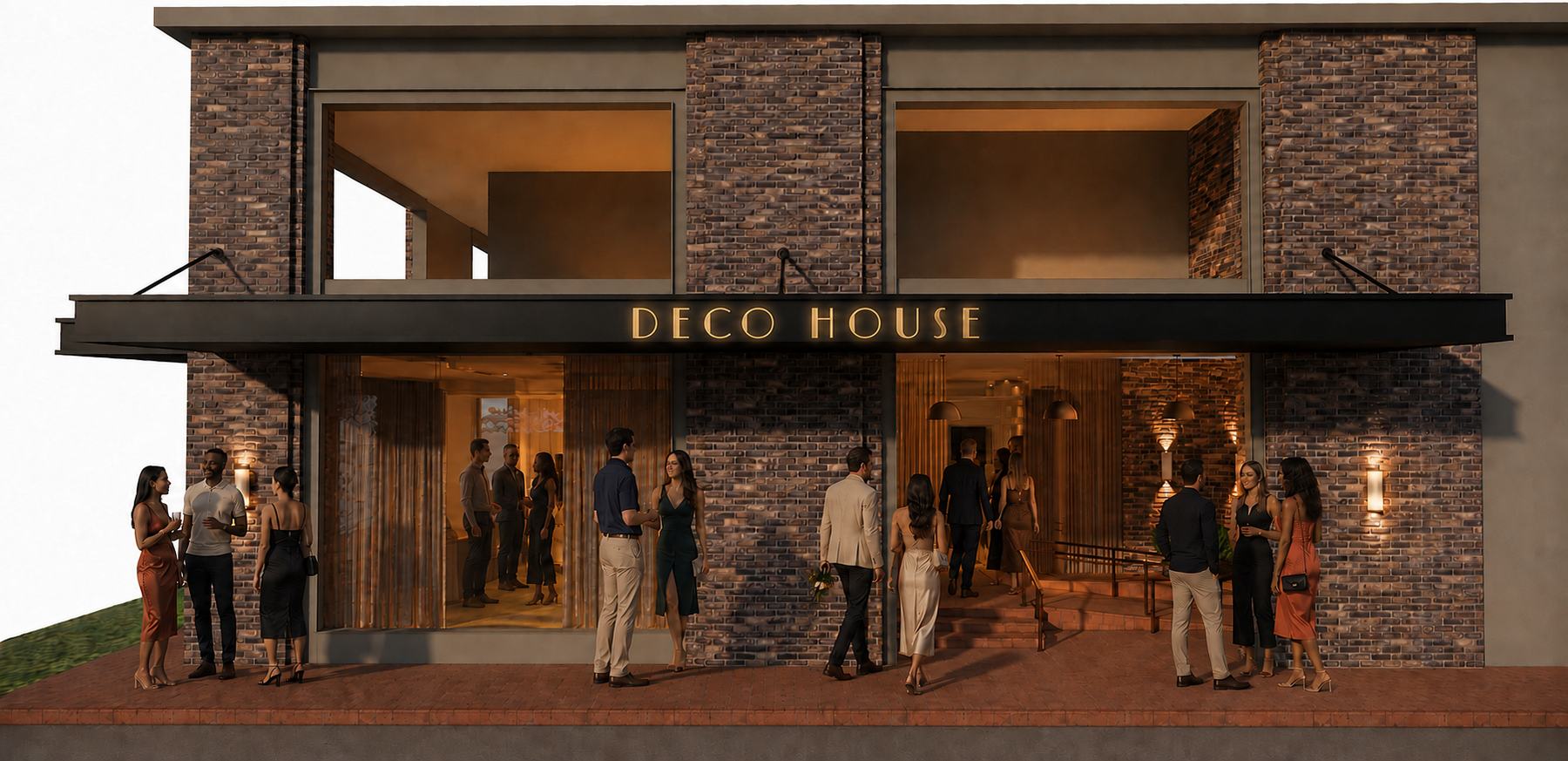 The Deco House facade lit at night, with the brass marquee glowing above the entrance on Richmond Avenue
